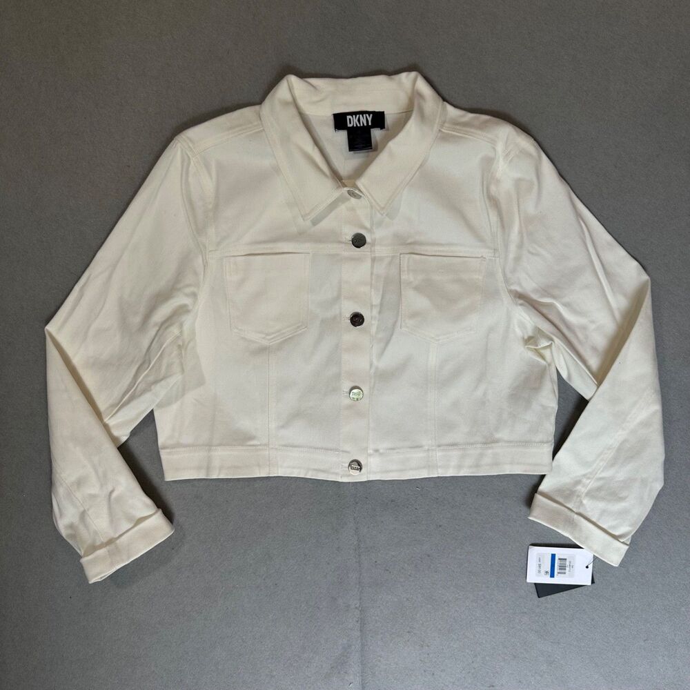 NWT DKNY Women Ivory Cropped Denim Jacket Size XL Button Front Long Sleeve $89